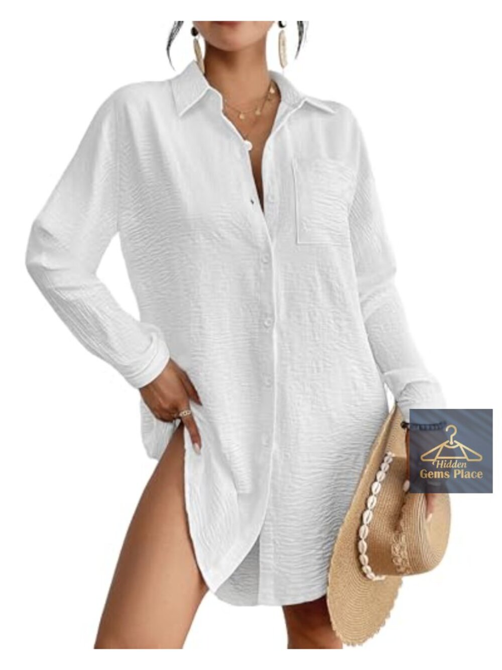 Button Down Long Sleeve Beach Cover Up Shirt Dress Swim Coverup